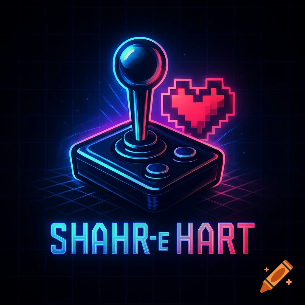 A neon retro gaming logo featuring a joystick, a pixelated heart, and the text 'SHAHR-e HART' against a dark grid background.