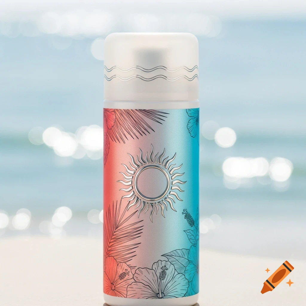 A two-toned bottle, transitioning from red to blue, decorated with a sun, palm leaves, and hibiscus flowers in line art style, set against a blurred beach and ocean background.
