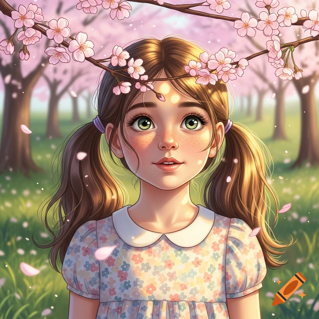 Stylized illustration of a young girl with pigtails and green eyes under pink cherry blossoms in a sunny park.