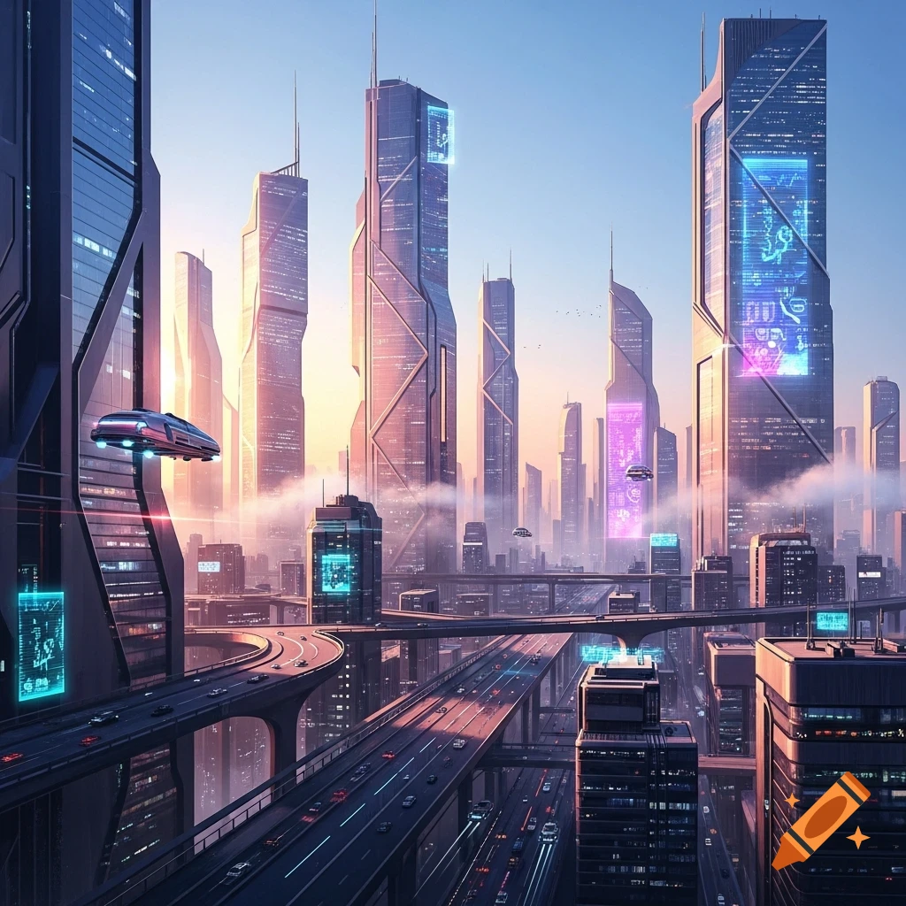 A sweeping view of a futuristic cityscape at sunrise, with towering skyscrapers, multi-level highways, and flying vehicles.
