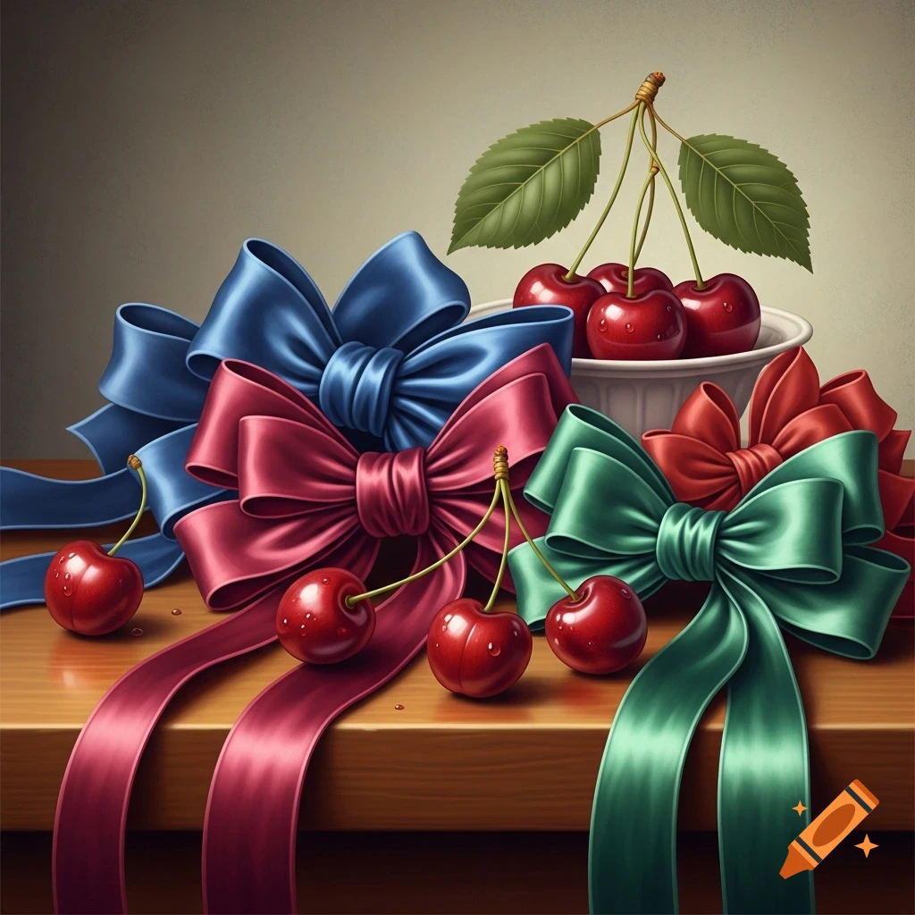 Vibrant blue, pink, and green satin bows lay on a wooden surface with clusters of fresh red cherries, some in a white bowl.