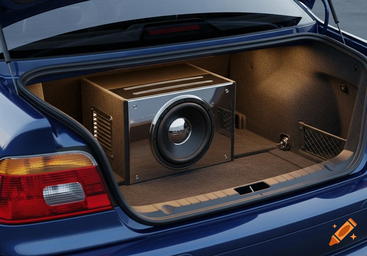 A detailed, photorealistic image of a large chrome subwoofer box installed in the carpeted trunk of a blue BMW E39 car with the trunk open.