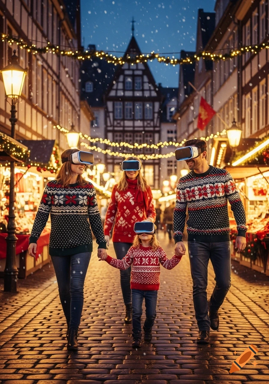 Photorealistic image of a family wearing Christmas sweaters and VR headsets walking through a snowy, decorated Christmas market at night.