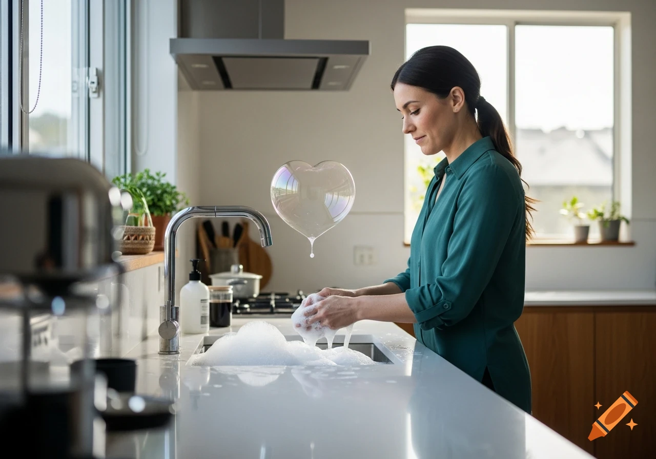 A woman washes dishes in a modern kitchen, with a heart-shaped soap bubble floating above the sink.