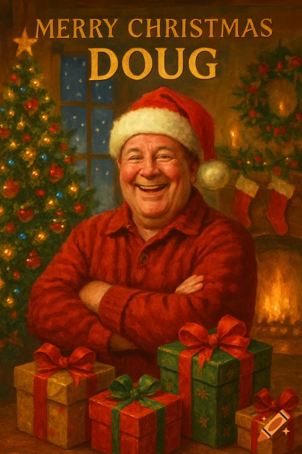 A smiling man in a Santa hat and red sweater sits surrounded by Christmas presents and decorations, with text 'MERRY CHRISTMAS DOUG'.
