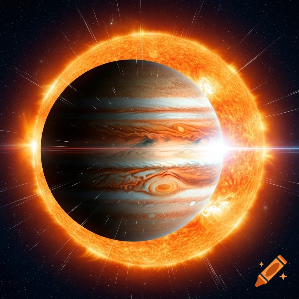 Jupiter partially eclipses a brilliant, fiery sun, with intense solar flares and a starry dark space background.
