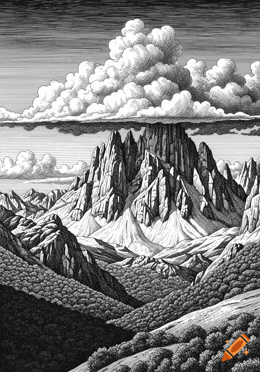 A detailed black and white pen and ink illustration of a vast mountainous landscape under a sky with dramatic clouds and forested valleys.