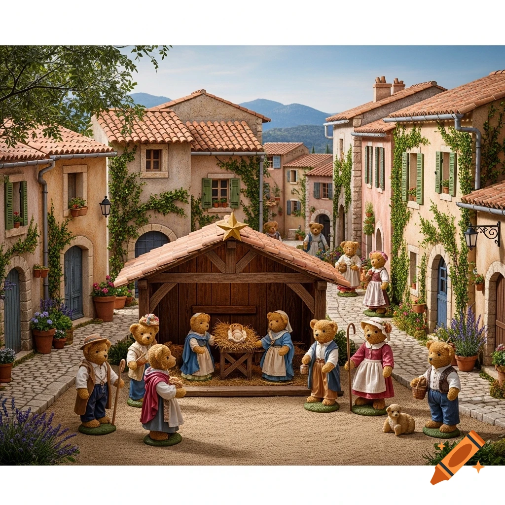 A teddy bear nativity scene set in a charming Provençal village with cobblestone streets and vine-covered houses.