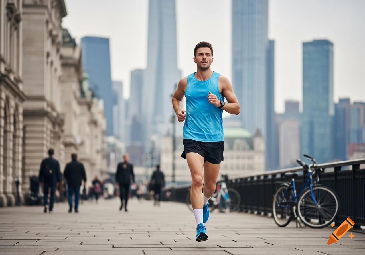 A man in a blue tank top and black shorts runs on a city street with tall buildings in the background.