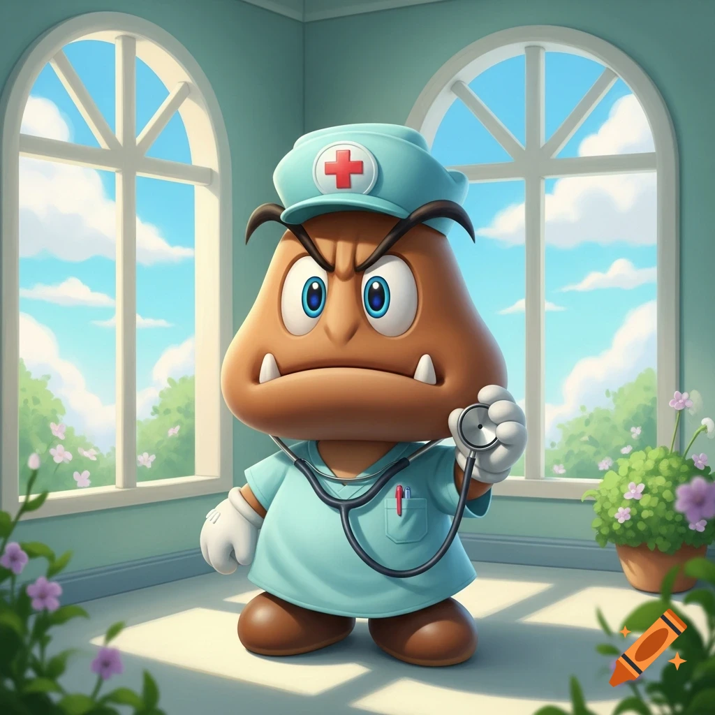 A cartoon Goomba in a light blue nurse's uniform and cap, holding a stethoscope, stands in a room with arched windows looking outside.