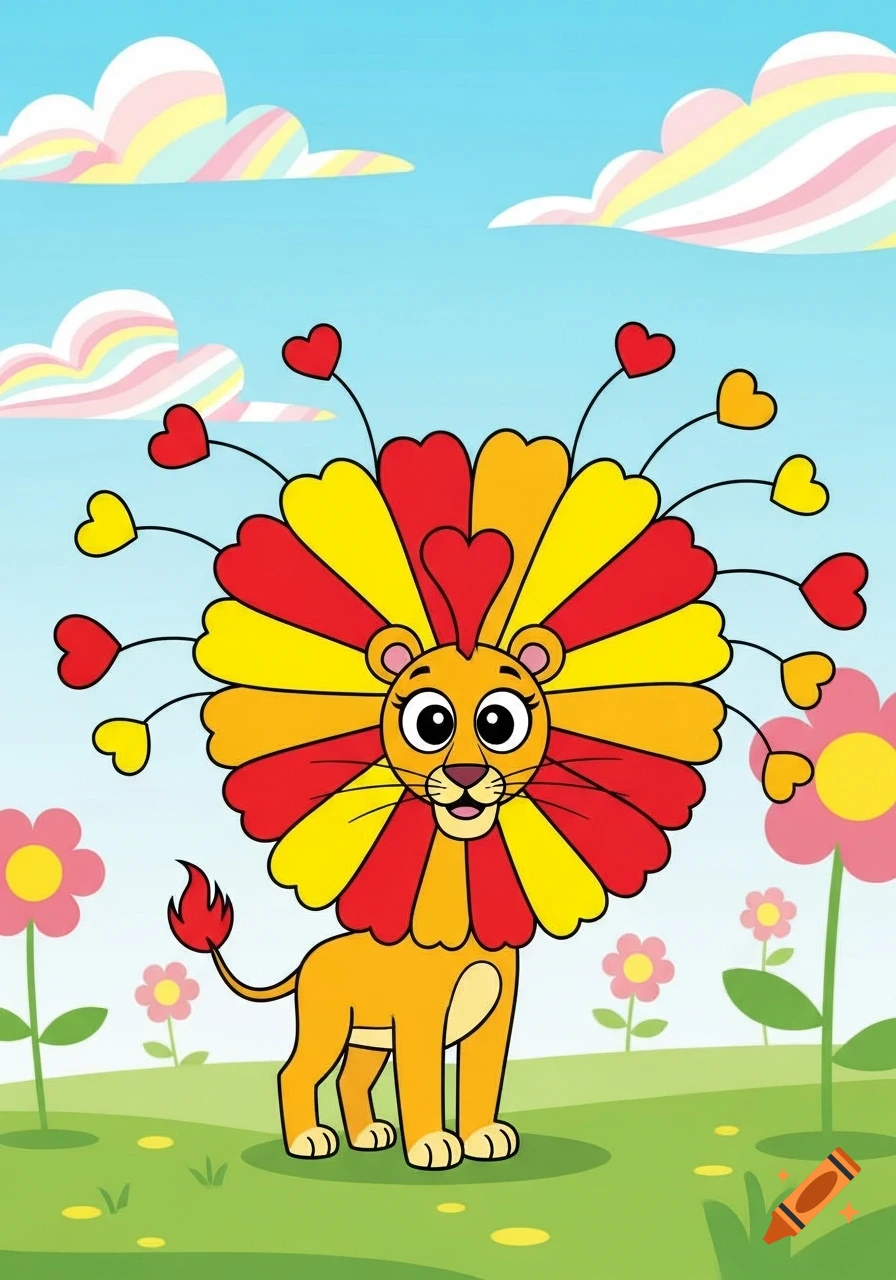 Cartoon lion with a vibrant red and yellow heart-shaped mane, standing in a green field with pink flowers under a blue sky with striped clouds.