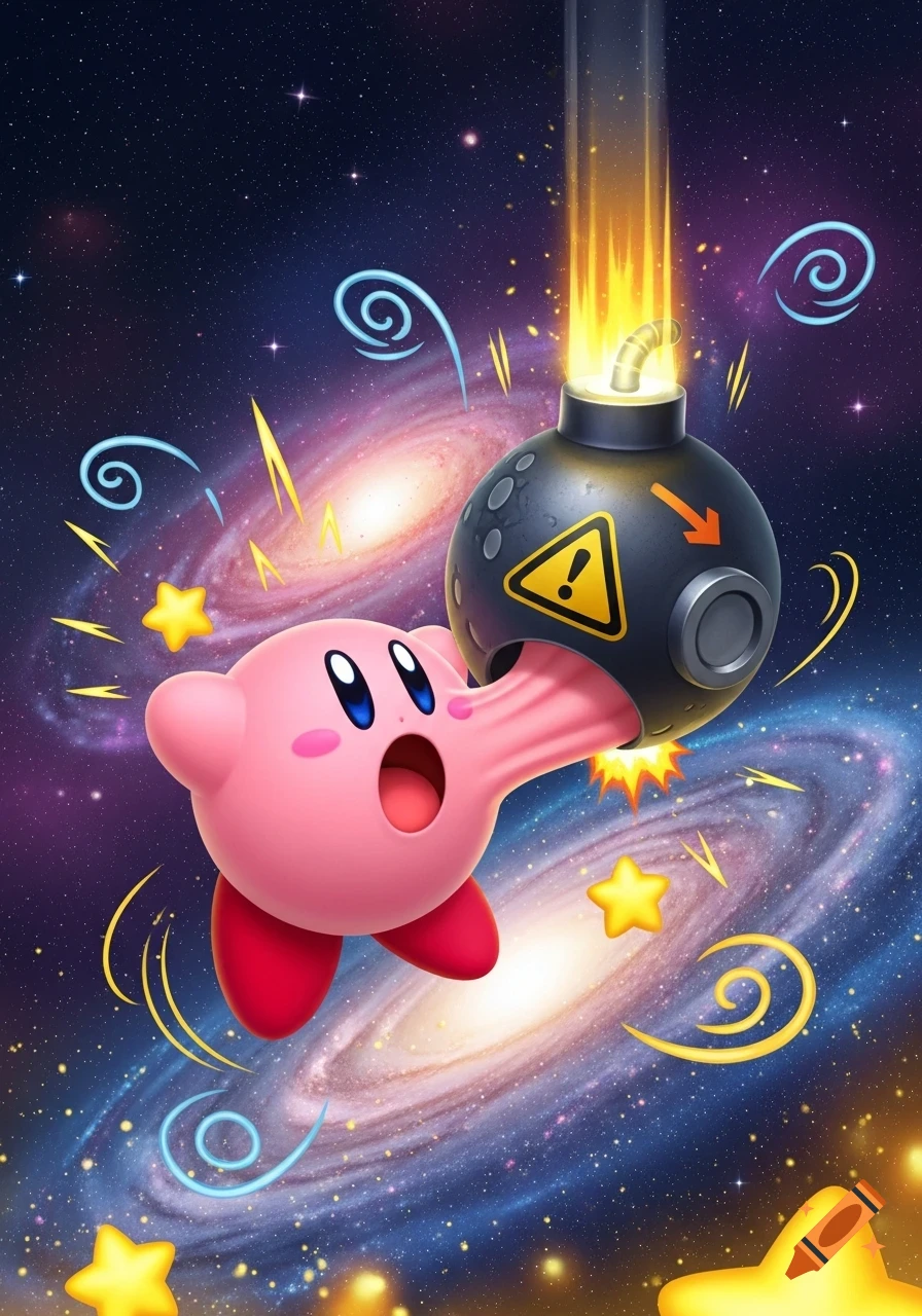 Kirby swallows a burning bomb in outer space, surrounded by stars and galaxies, in a vibrant cartoon style.