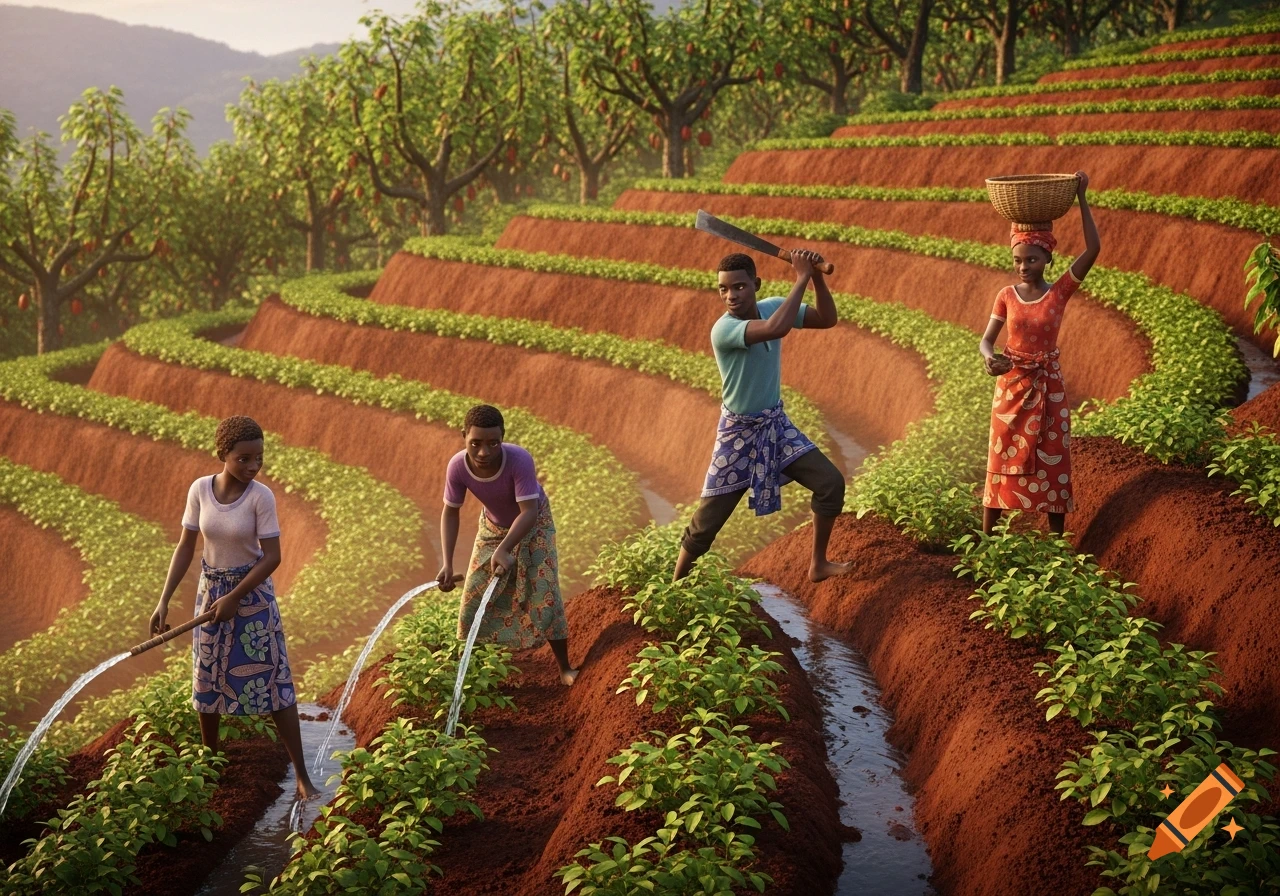 Four African farmers tend to terraced fields with red soil and green crops, featuring cocoa trees in the background, in a realistic 3D animation style.