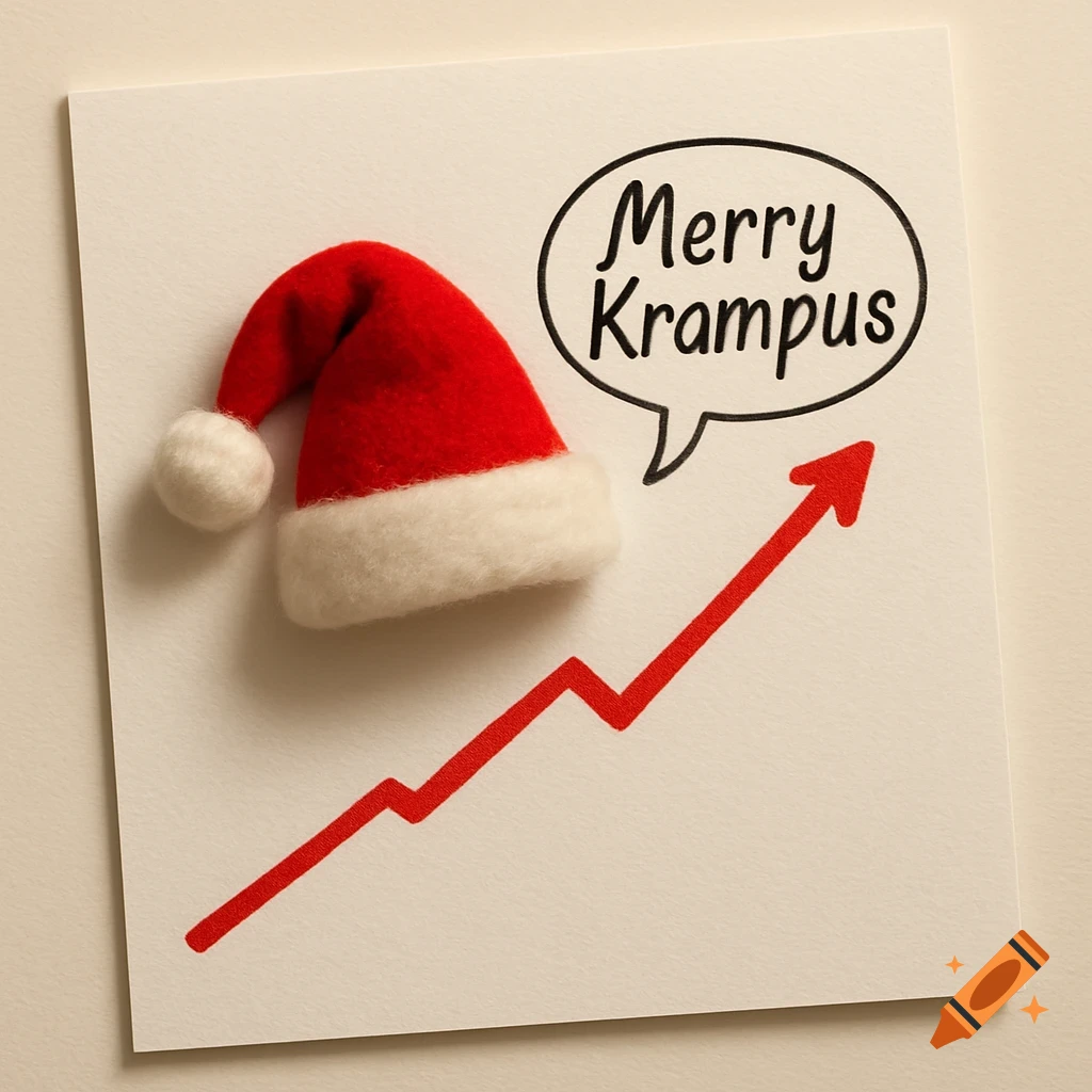 A close-up of a Santa hat on a white paper with a red upward-trending graph, and a speech bubble saying 'Merry Krampus'.