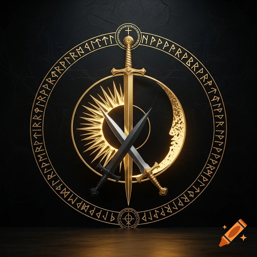 A golden sword and black dagger crossed over a half-sun, half-moon symbol, encircled by golden runes on a dark background.