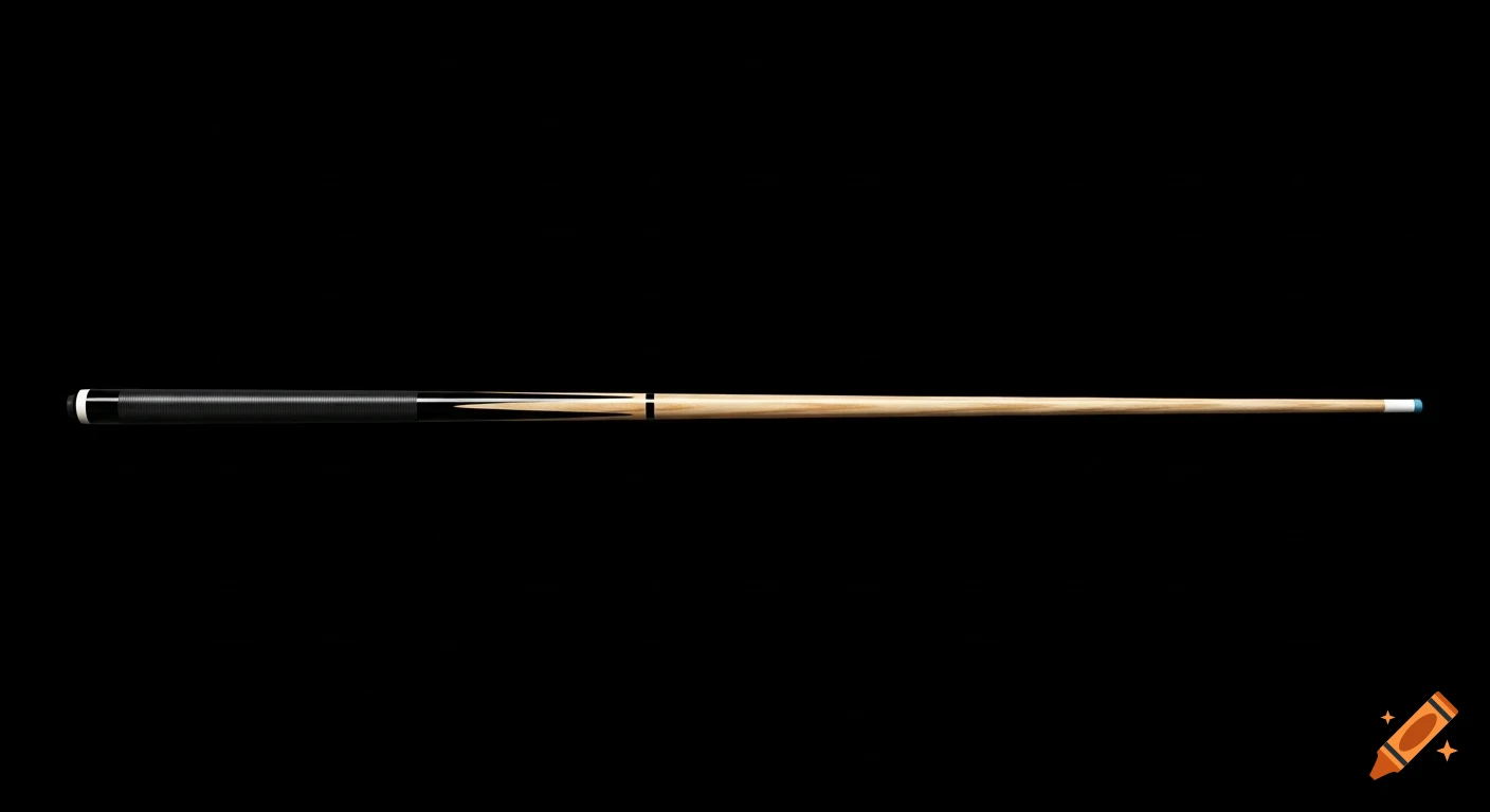 A realistic pool cue with a light wooden shaft, dark grip, and white tip on a black background.