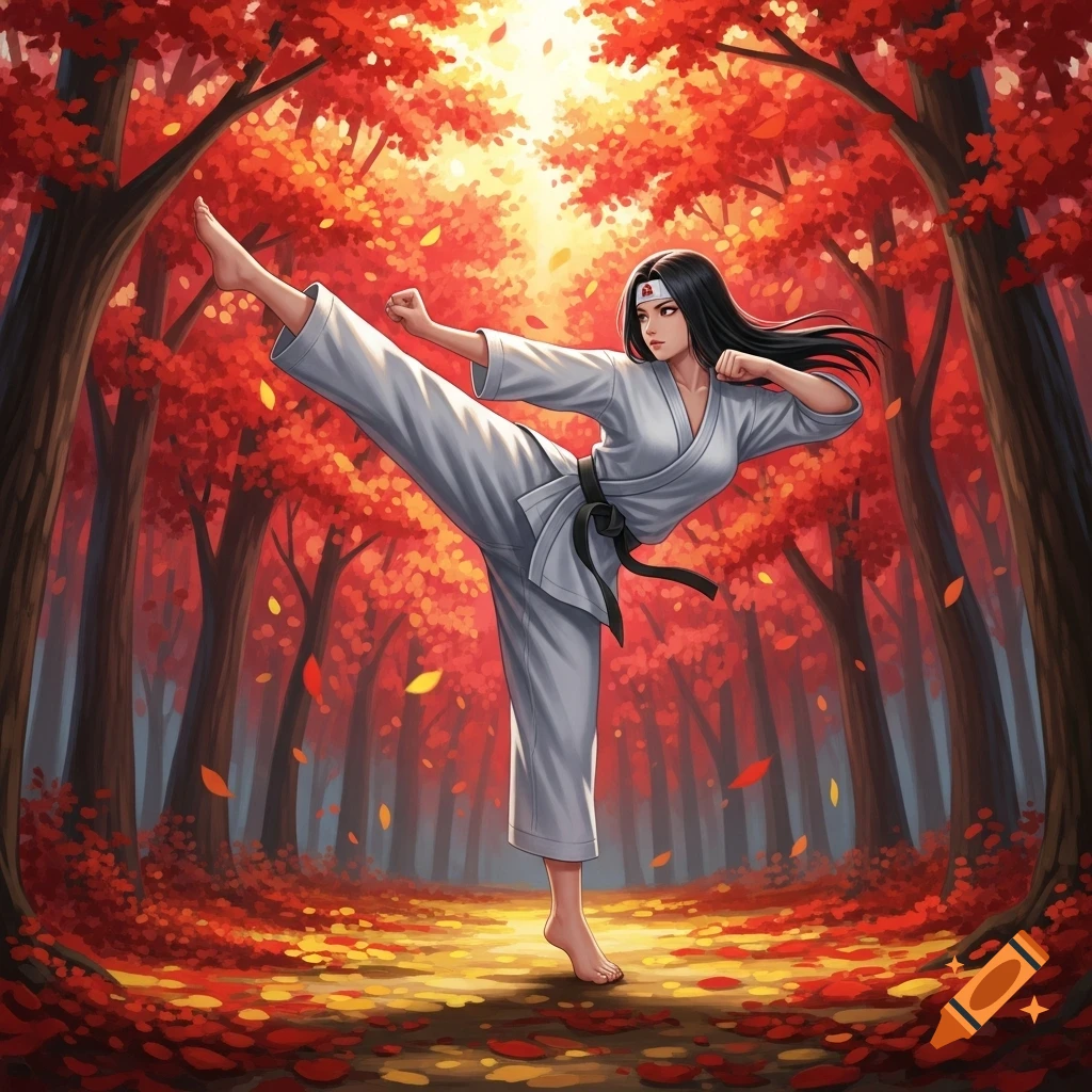 Anime woman in a white gi performing a high kick in a vibrant red autumn forest.