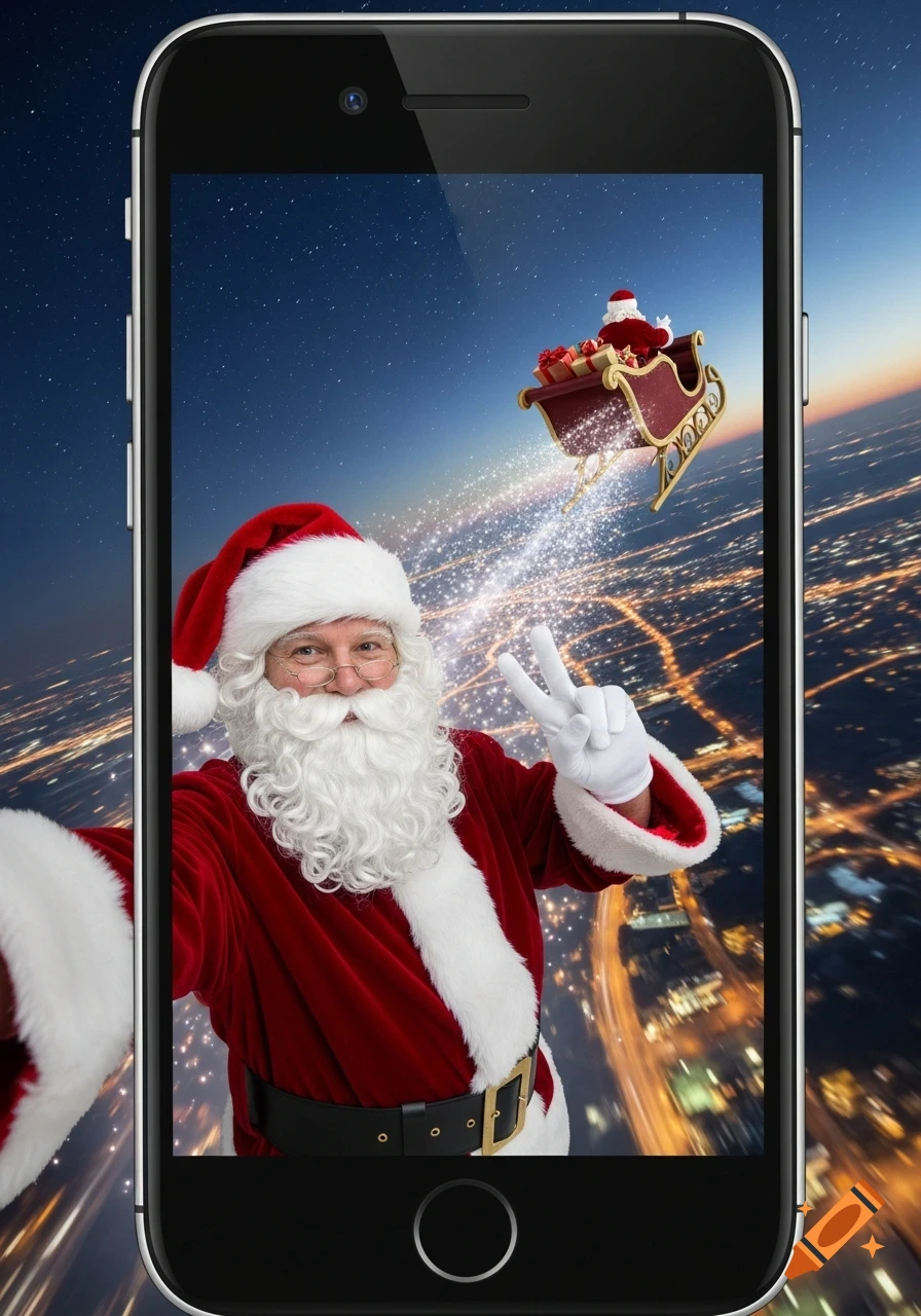 Santa Claus takes a selfie in his sleigh, flying high above a glowing city at night, framed by a smartphone.