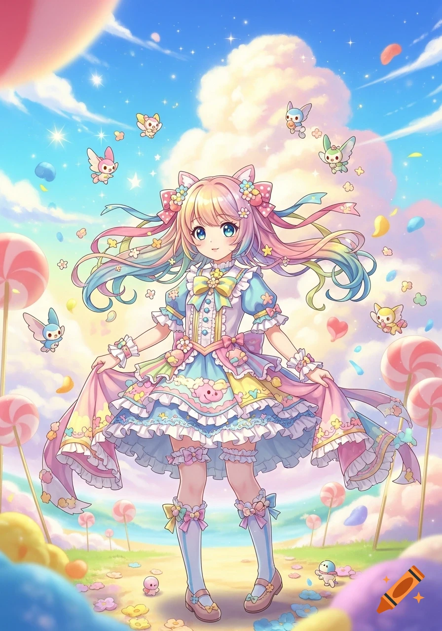 Kawaii anime girl with rainbow hair and a pastel frilly dress standing in a vibrant candy land under a blue sky with fluffy clouds and flying creatures.