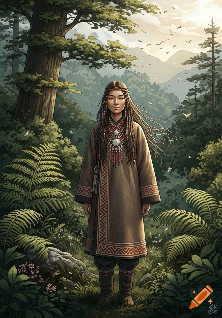 Illustration of a young Ainu woman in traditional dress with beaded ornaments, standing in a lush forest under a cloudy sky.