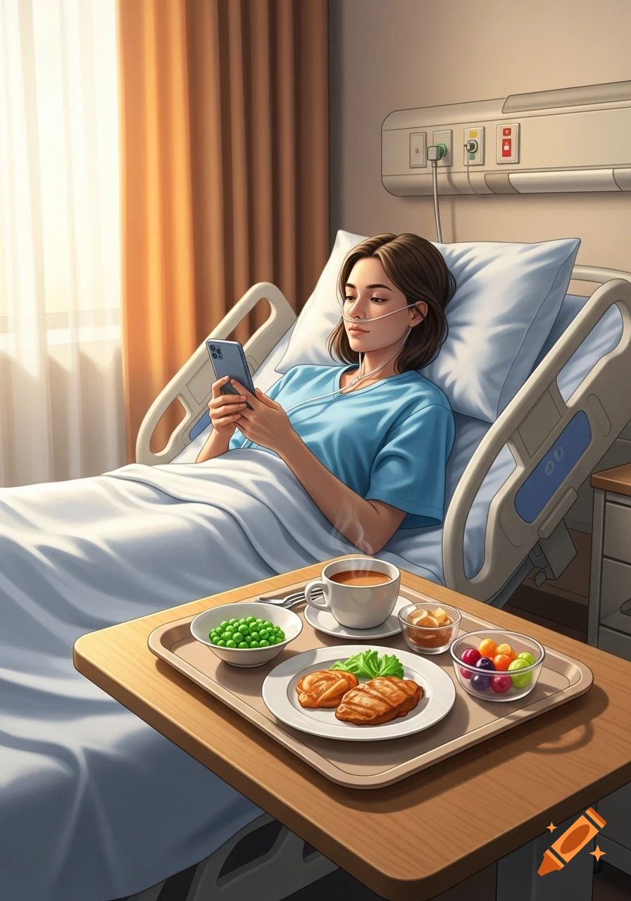 A woman with a nasal cannula in a hospital bed scrolls on her phone, with a meal tray beside her.