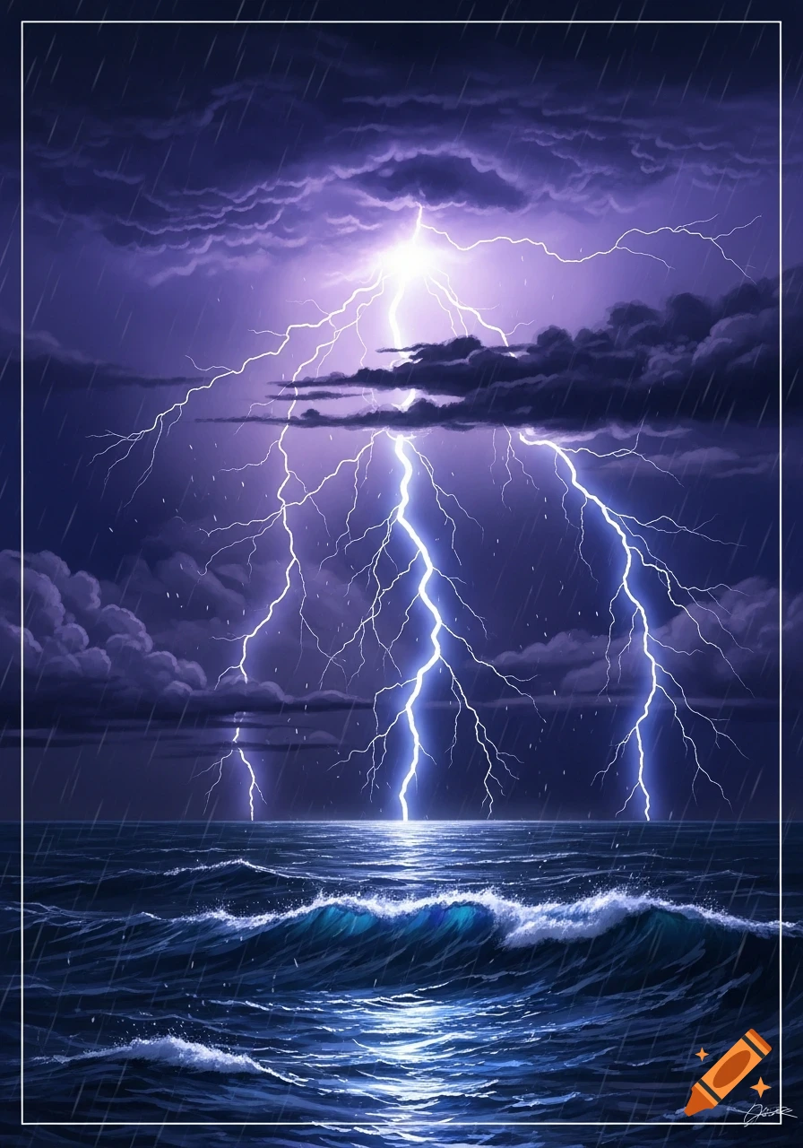 A dramatic painting of a lightning storm over a dark blue ocean with crashing waves and pouring rain under purple clouds.
