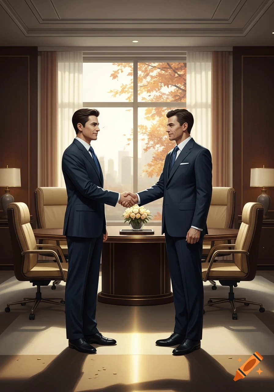 Two men in dark suits shake hands across a table in a modern office, viewed through a window are autumn trees.