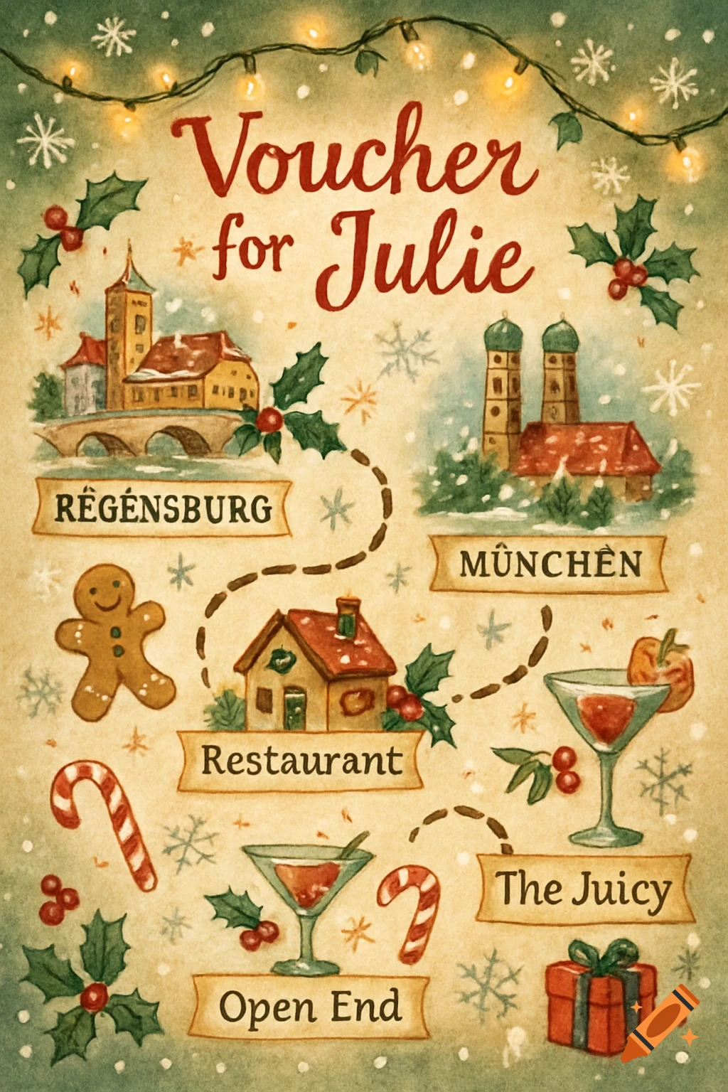 Watercolor Christmas voucher map for Julie with stations Regensburg, M NCH N, Restaurant, The Juicy, and Open End, surrounded by holly and snowflakes.