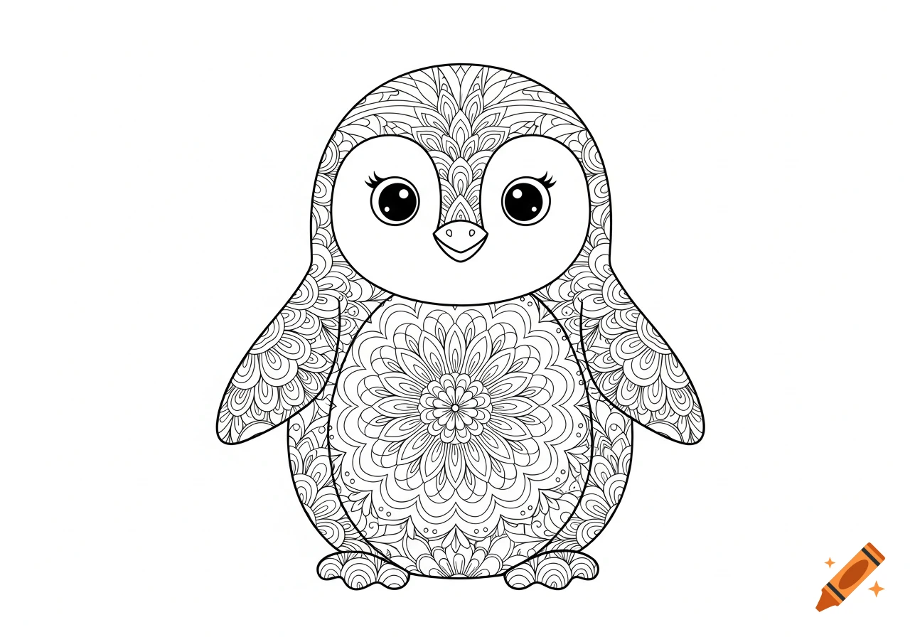 A black and white line drawing of a cute penguin decorated with intricate mandala patterns, ideal for coloring.