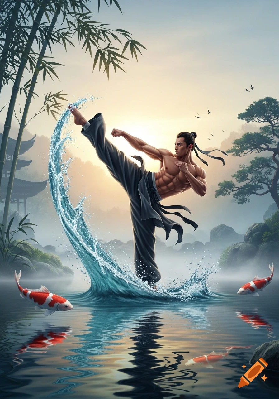 Muscular man in black martial arts pants high-kicking in water, surrounded by koi fish and bamboo in a stylized Asian landscape.