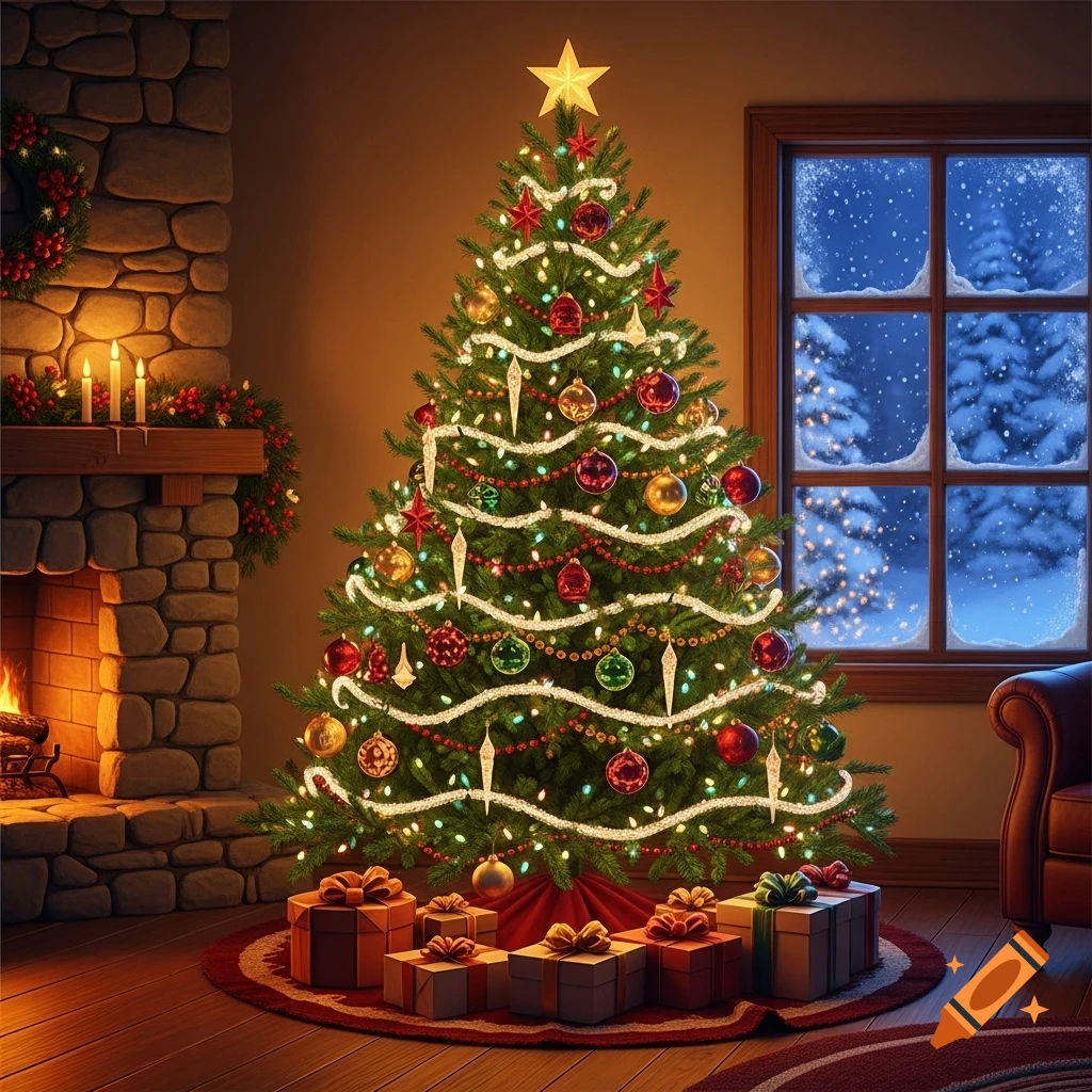 A beautifully decorated Christmas tree with lights, ornaments, and gifts, set in a cozy room with a fireplace and snowy window.