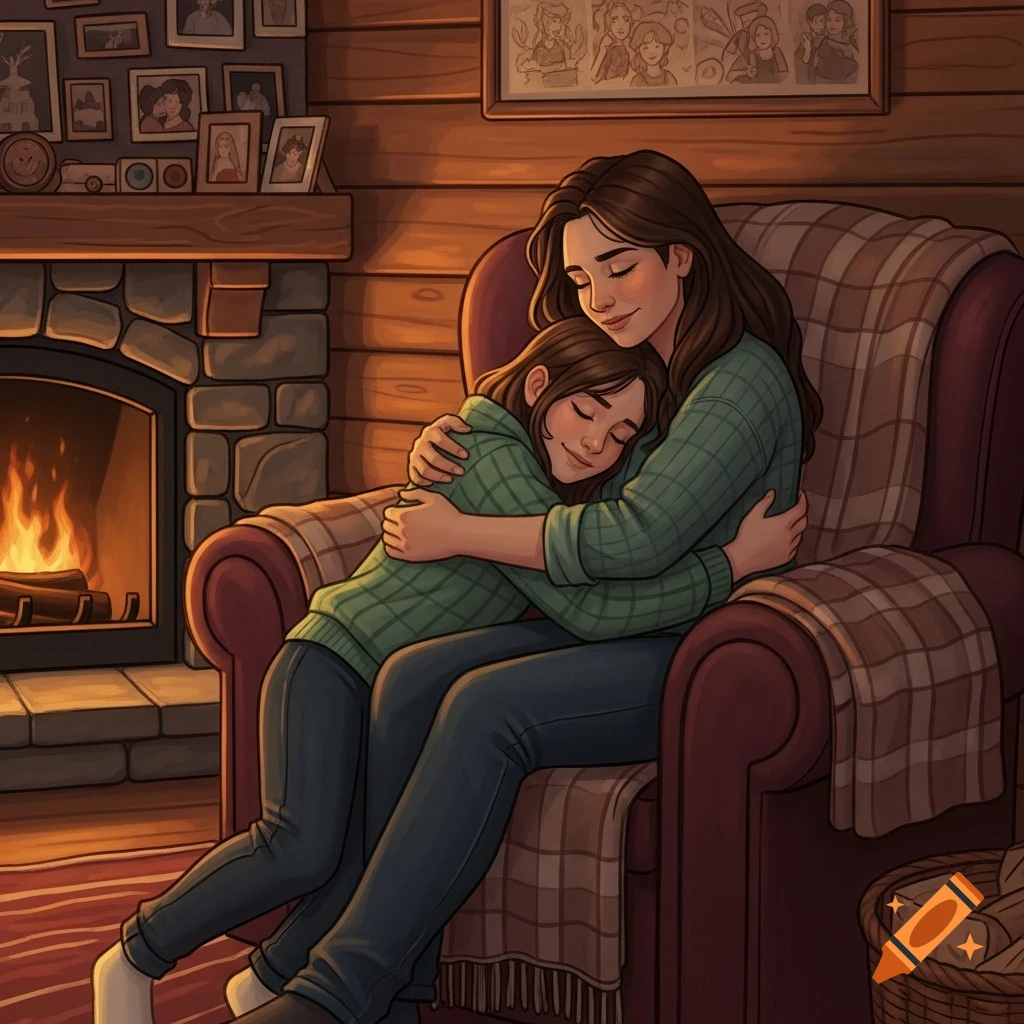 An illustration of a mother and child cuddling in an armchair by a warm fireplace in a cozy room.