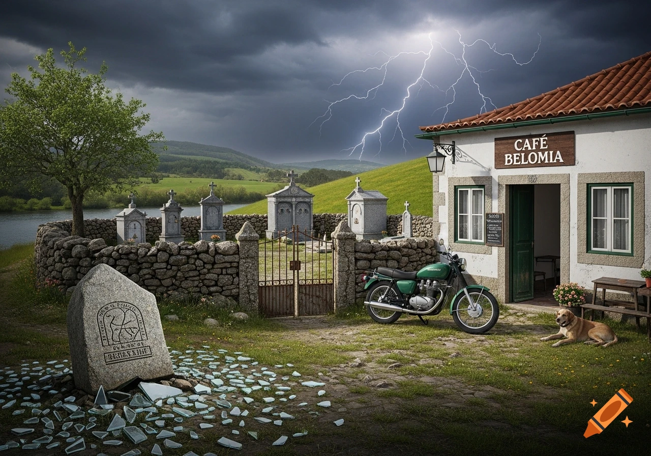 Photorealistic image of a rural Portuguese cafe and an old cemetery under a stormy sky with lightning. A green motorcycle and a dog are by the cafe, and a broken stone with glass shards lies in the foreground.
