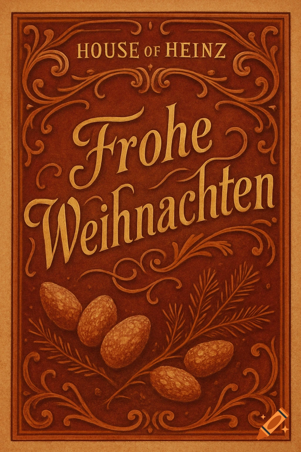 A vintage-style Christmas label for 'HOUSE OF HEINZ' with 'Frohe Weihnachten' in gold, ornate scrolling, and roasted almonds on a brown background.