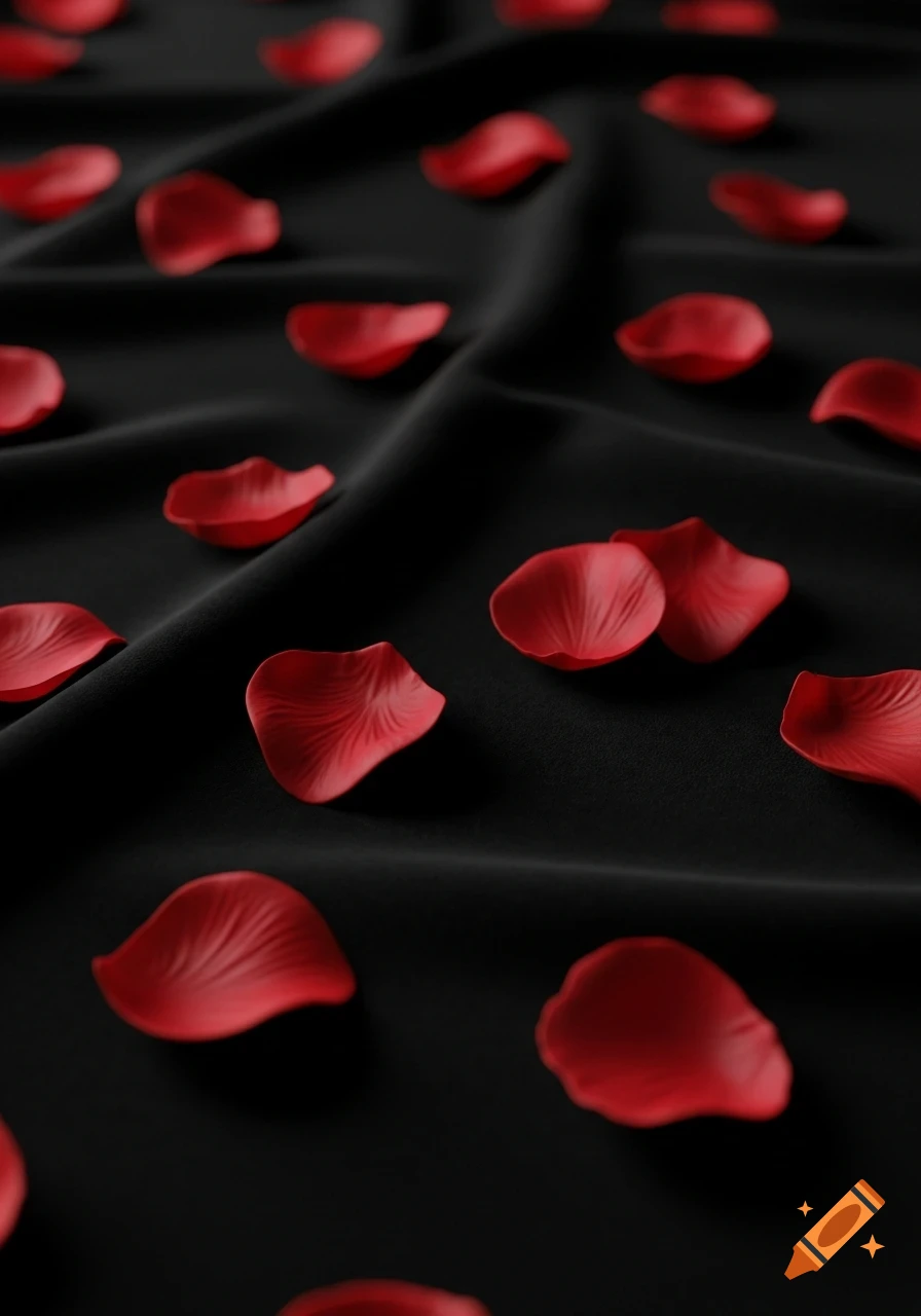 Red rose petals scattered across a draped black velvet fabric, with some petals in sharp focus.