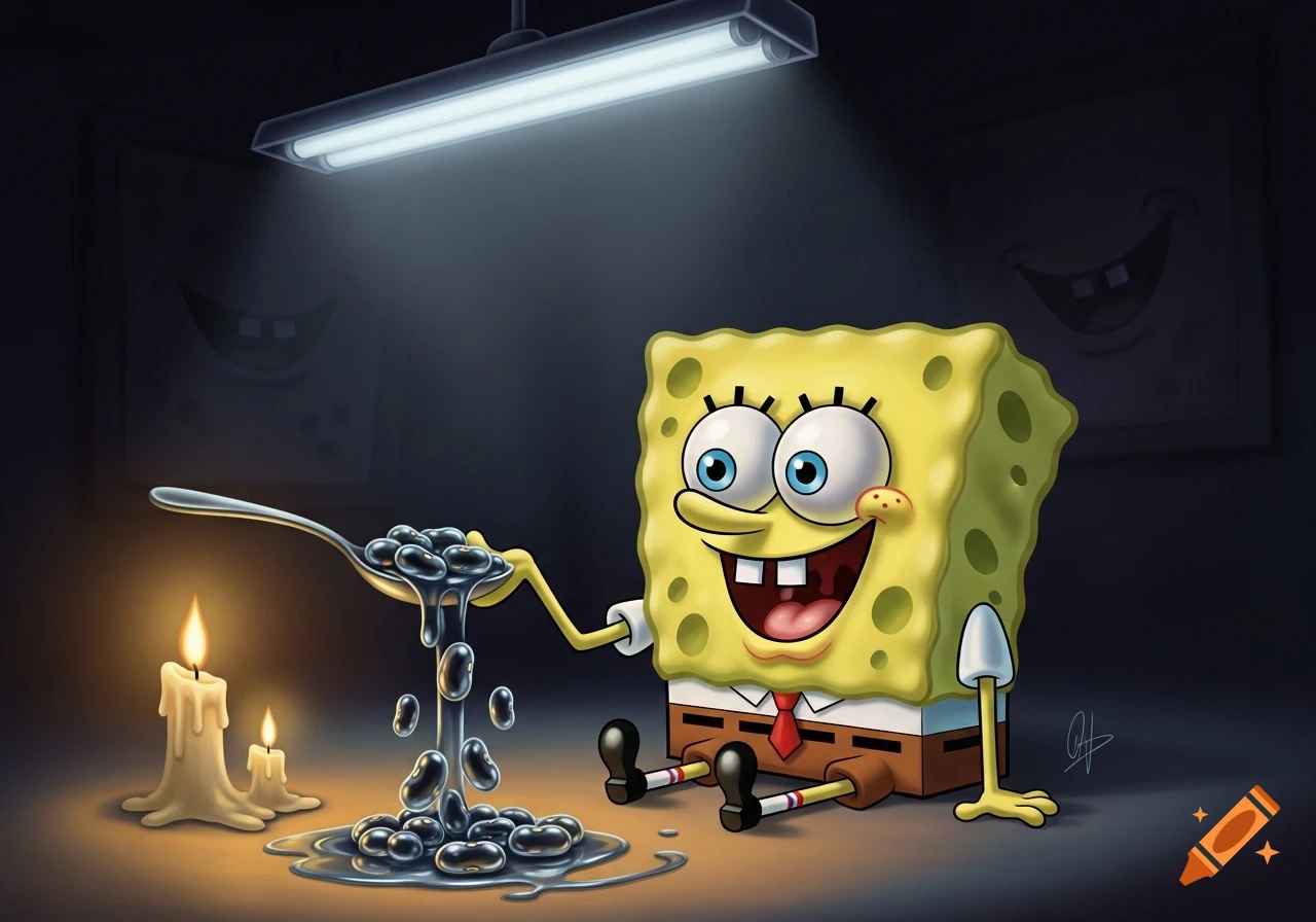 Spongebob Squarepants sits in a dark room, holding a spoon of dripping black beans over melting candles. Eerie faces on the walls.