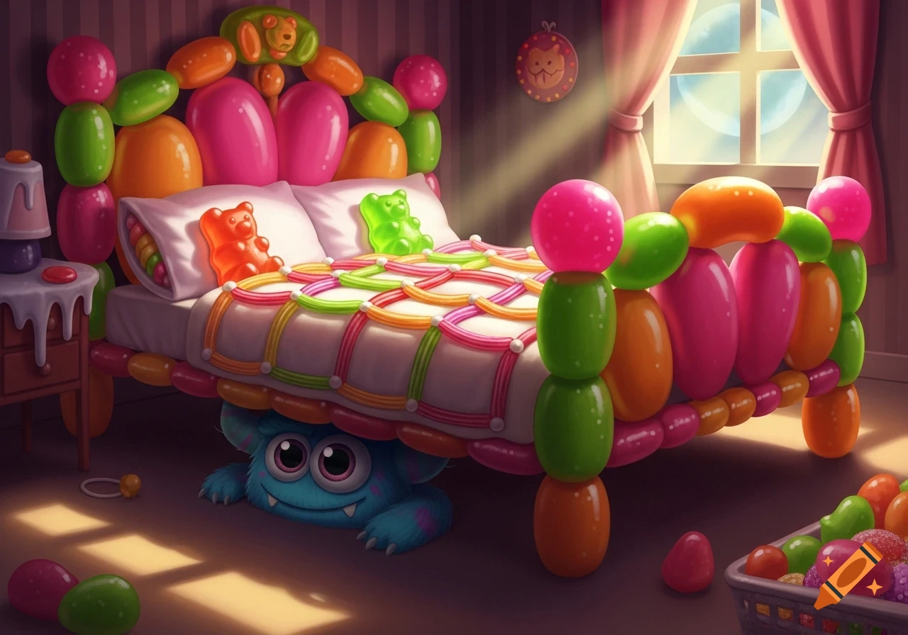 A whimsical bedroom with a bed made of colorful candies, gummy bears on pillows, and a cute blue monster peeking from under the bed in sunlight.