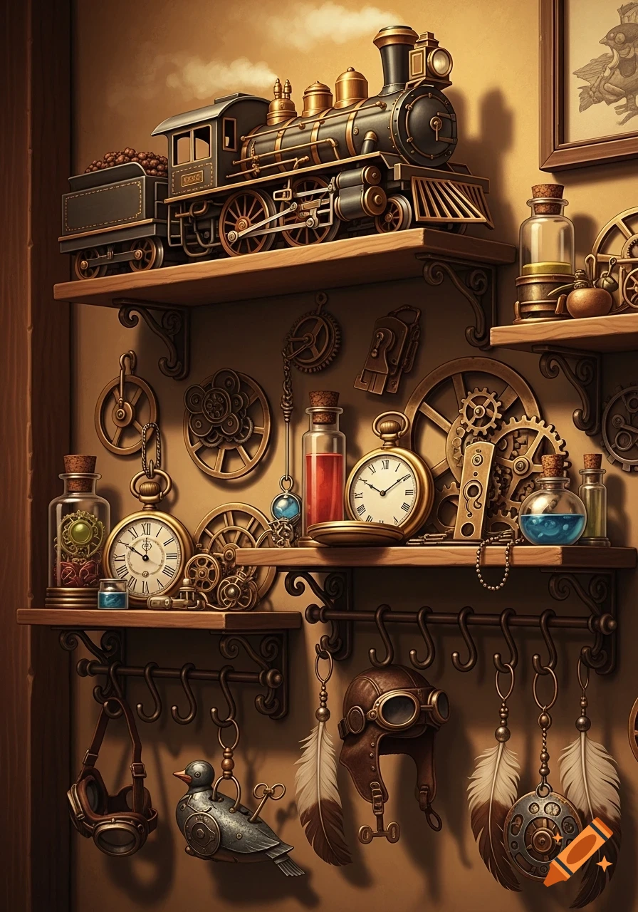 A wall-mounted shelf display filled with intricate steampunk decor, featuring a model train, clocks, gears, bottles, and an aviator's helmet.