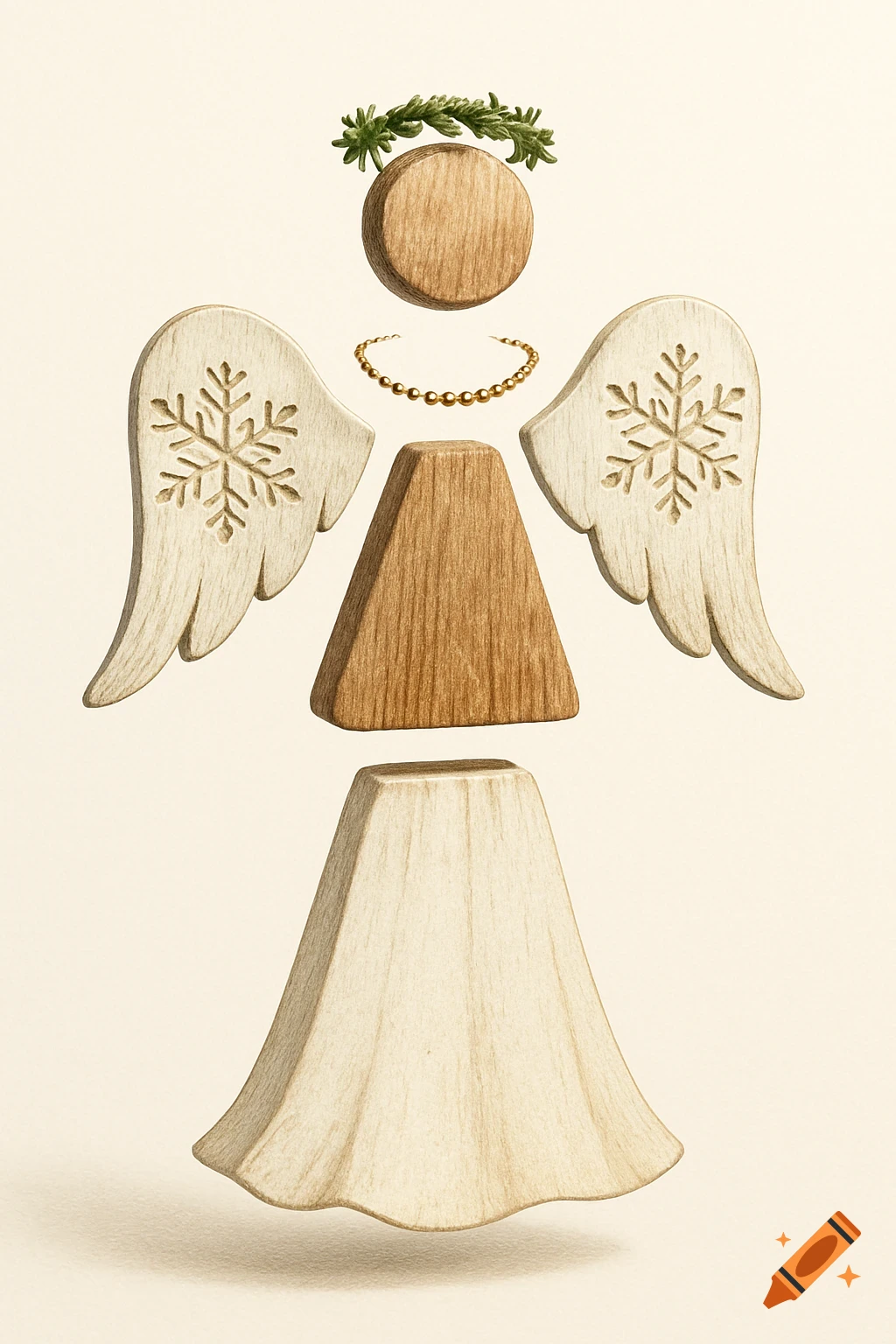 Exploded view of a rustic wooden angel decoration with snowflake wings, green halo, and gold necklace, suspended on a white background.
