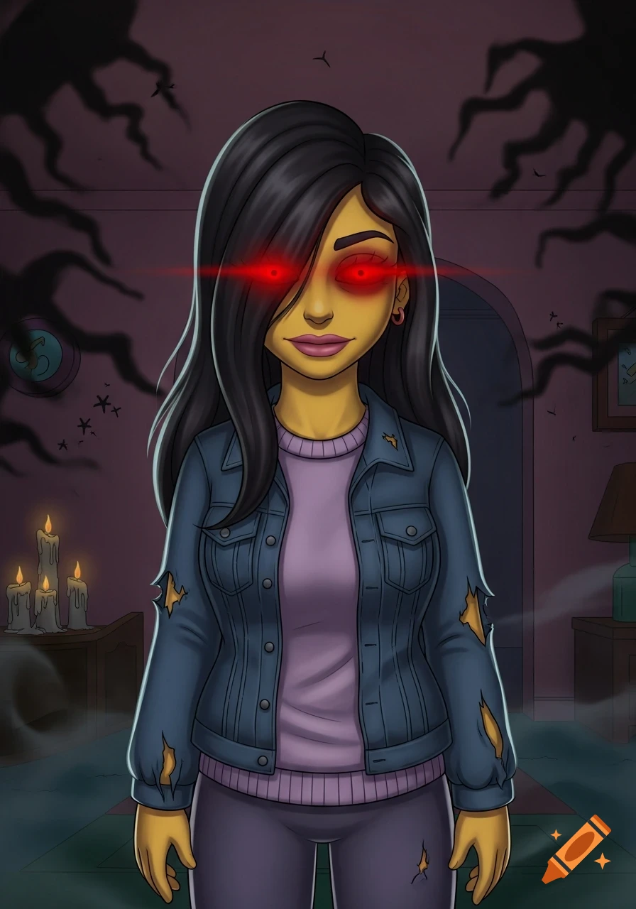 A cartoon woman with yellow skin, glowing red eyes, and dark hair, wearing a torn denim jacket in a spooky, dimly lit room with shadowy figures.