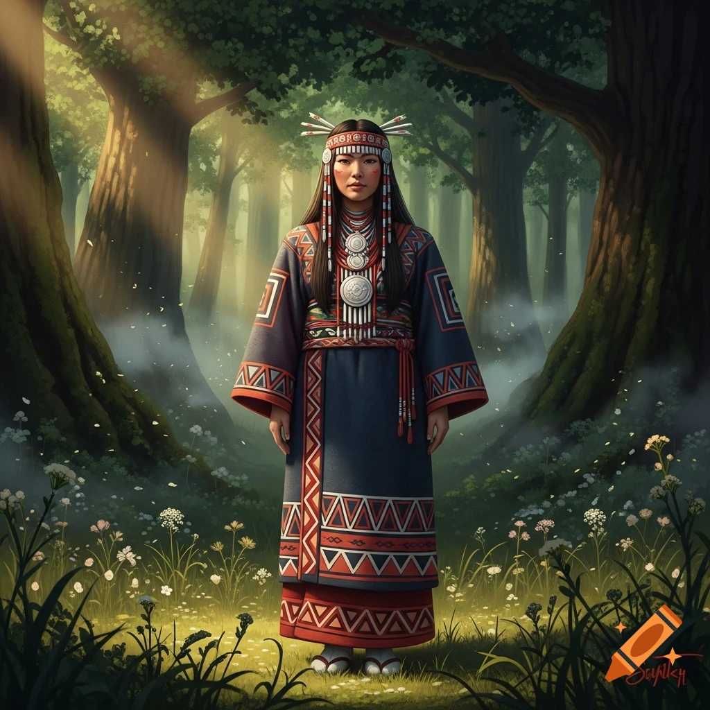 A woman in traditional Ainu dress with an elaborate headdress and necklace stands in a mystical, sun-dappled forest, rendered in a digital painting style.