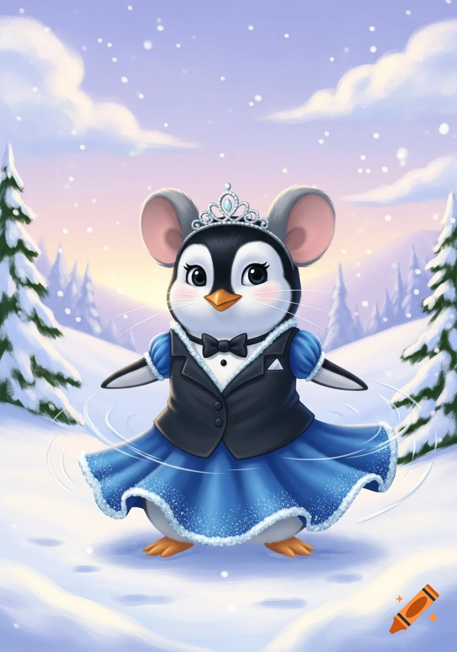A cute cartoon penguin-mouse hybrid wearing a tiara and blue dress spins in a snowy winter landscape with evergreen trees.