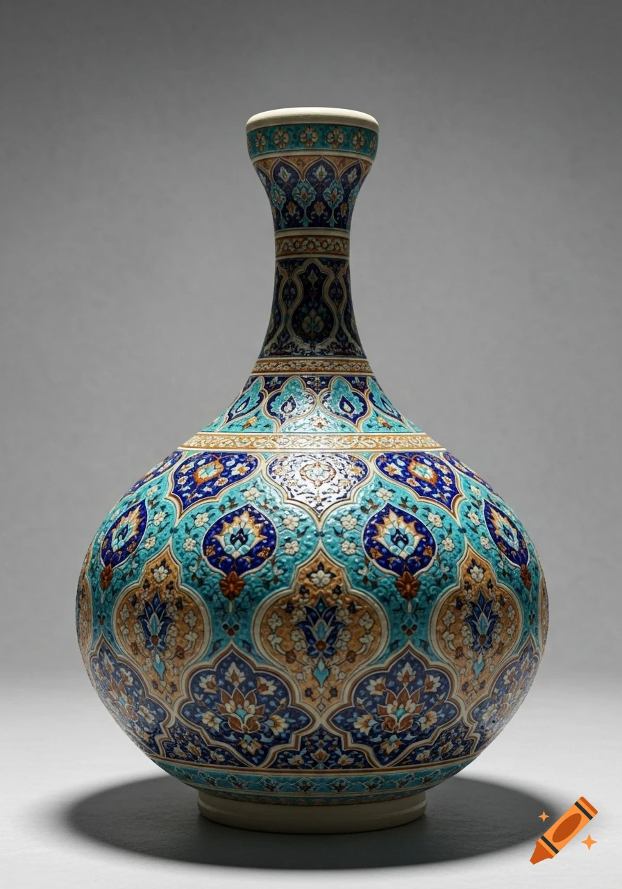 A beautifully decorated Persian pottery vase with intricate blue, turquoise, and orange patterns on a light grey background.