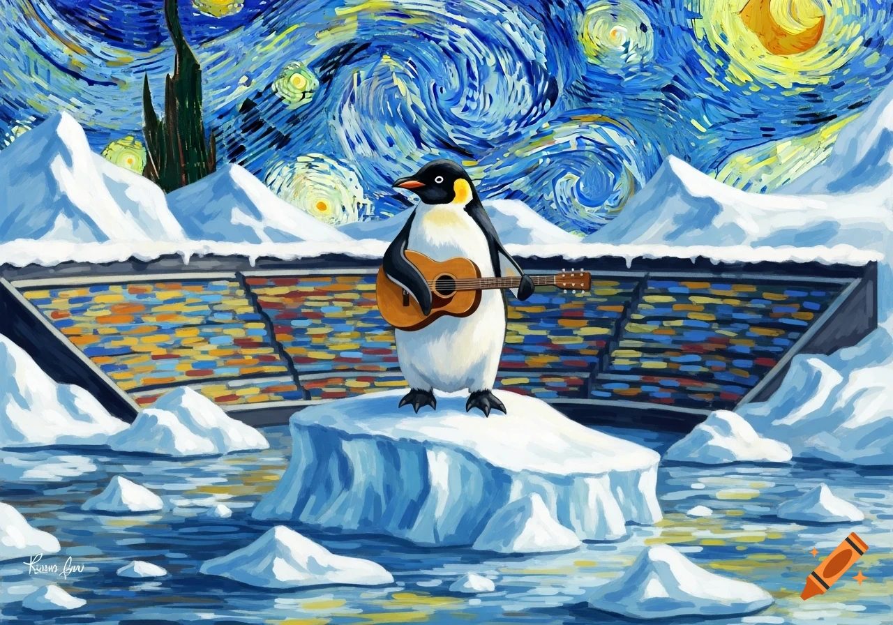 A penguin stands on an iceberg playing a guitar, set against a Van Gogh-style starry night sky and snowy landscape.