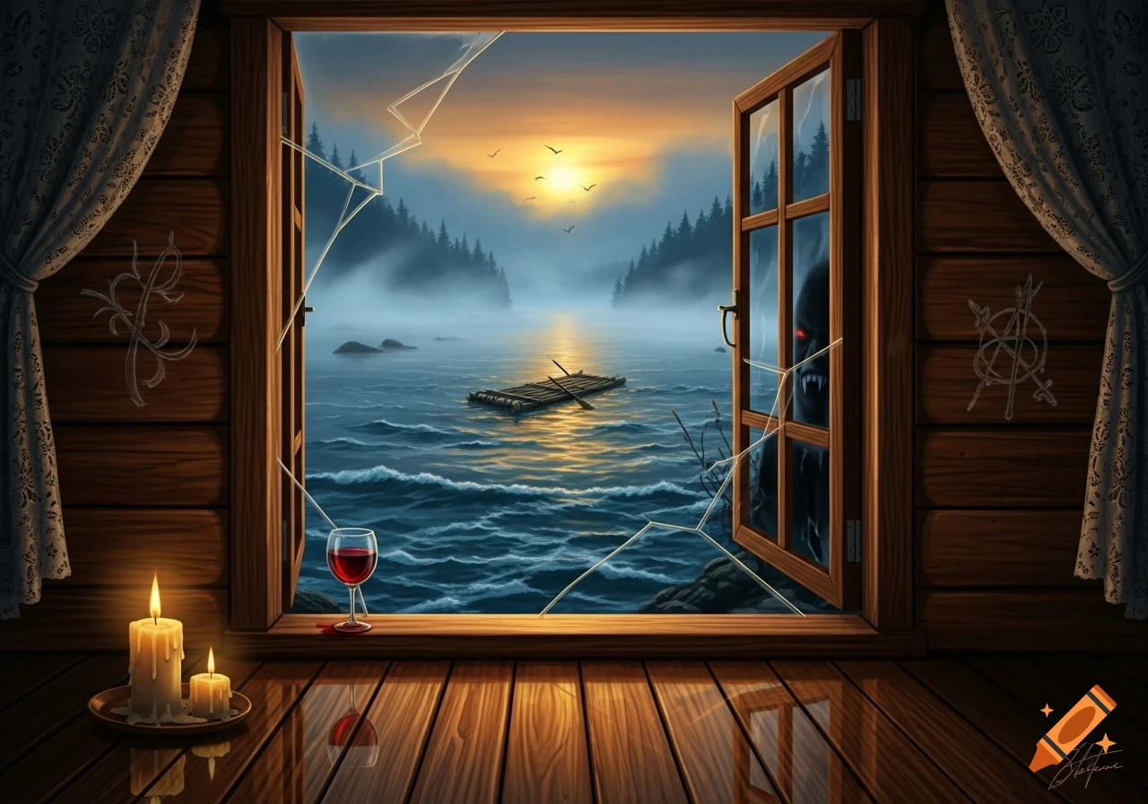 A cabin interior view looking out a broken window at a misty lake sunset with a raft. Candles, a wine glass, and a fanged creature peering from the window complete the spooky scene.