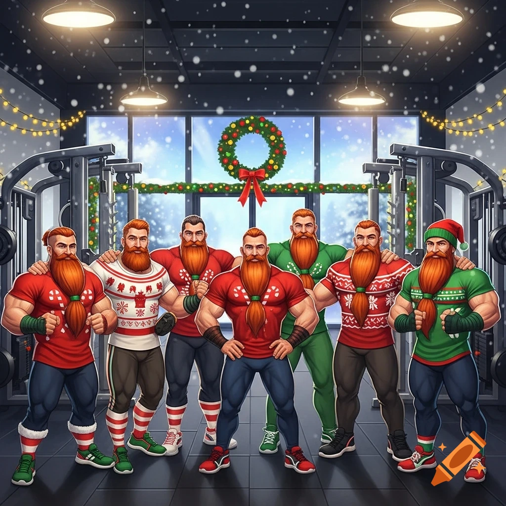 Six muscular men with long red beards, dressed in festive Christmas sweaters and gym clothes, pose in a snowy, decorated gym.