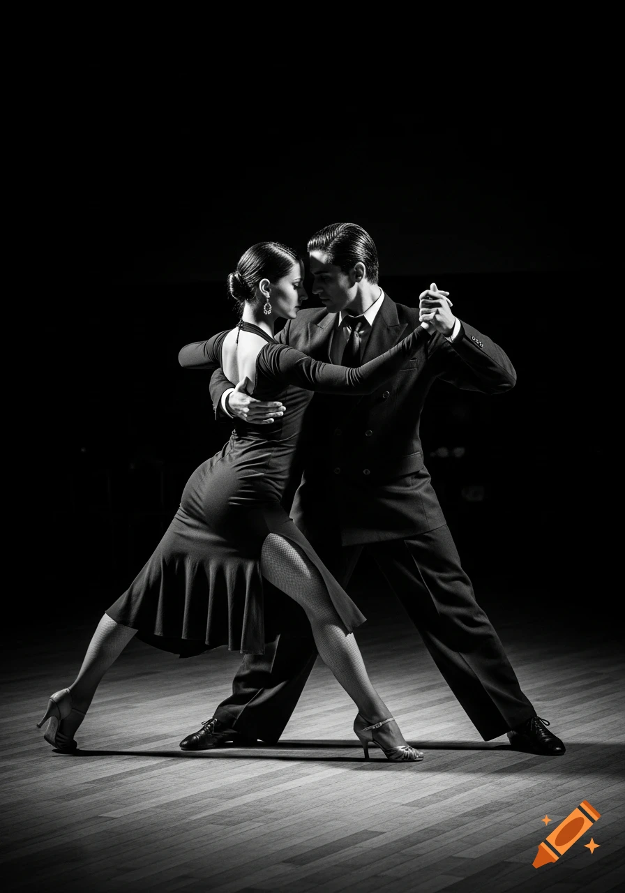 Elegant couple performs an Argentine tango dance in a dramatic black and white photograph.