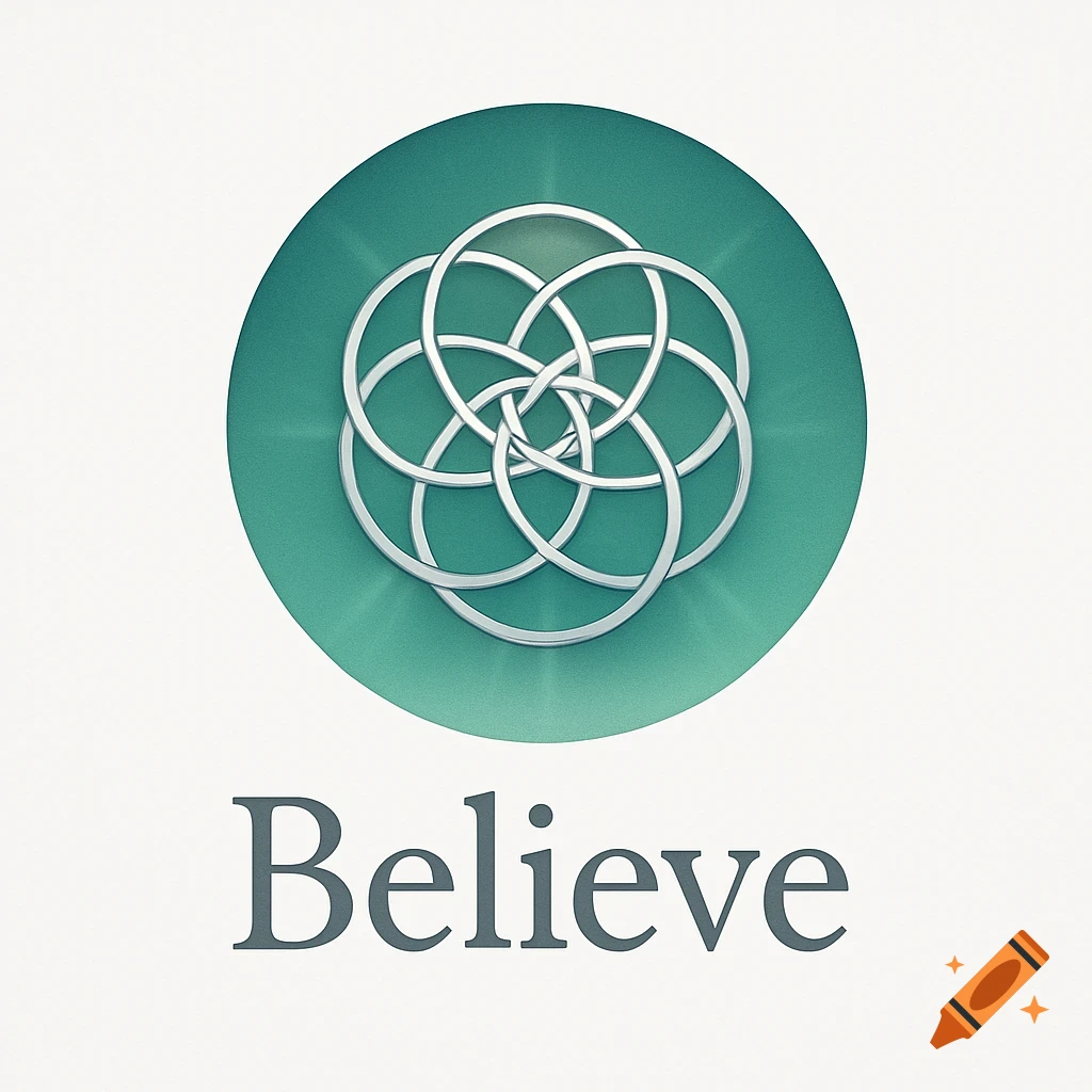 A silver interwoven knot design within a teal circle, above the word 'Believe'.