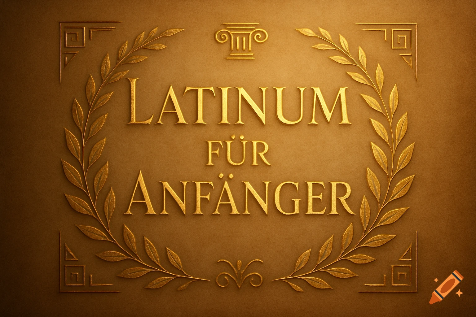 Gold embossed plaque with a laurel wreath and column capital, featuring the text 'LATINUM FÜR ANFÄNGER'.
