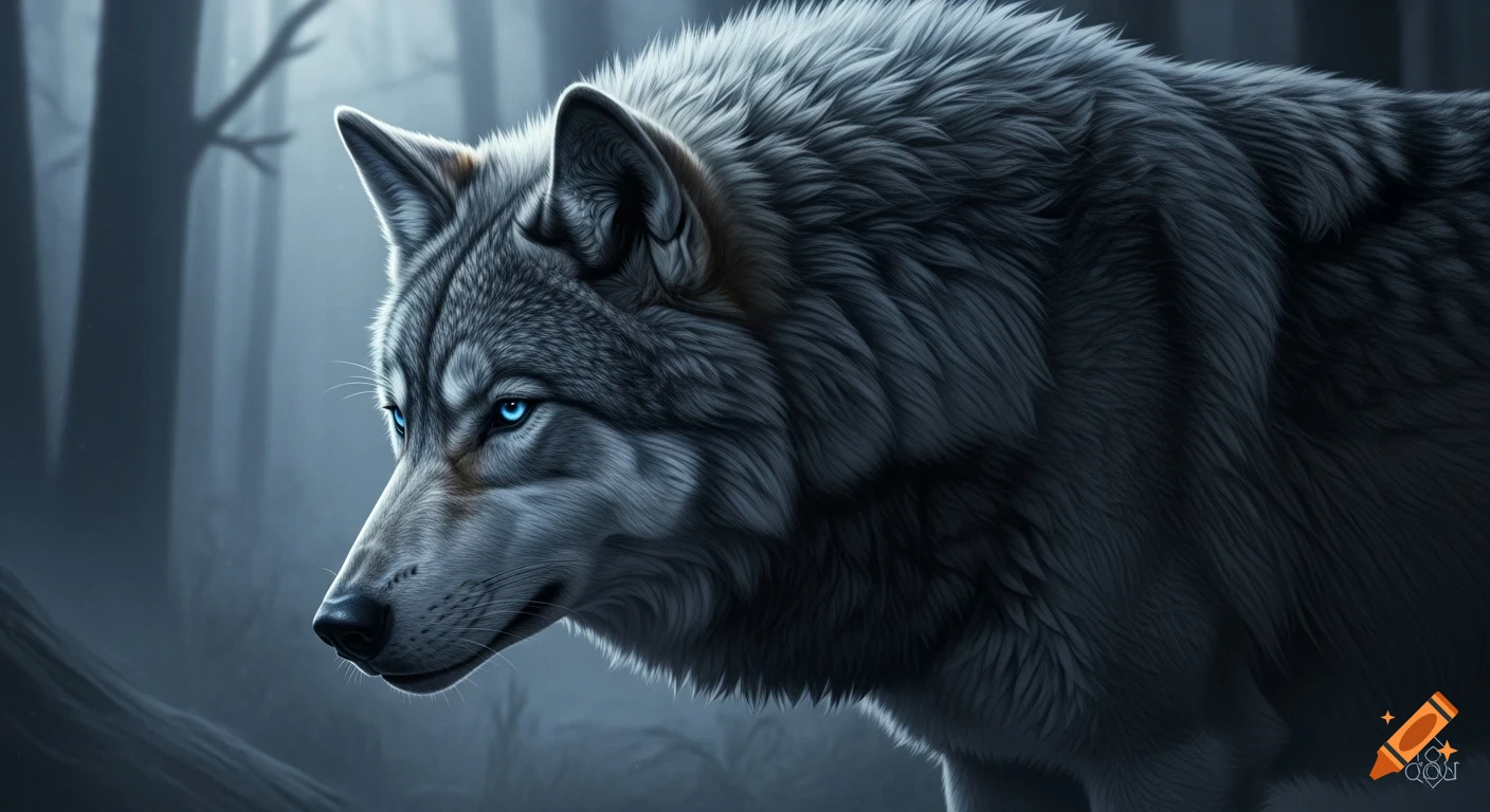 A hyperrealistic grey wolf with piercing ice-blue eyes stands in a dark, misty forest at night.